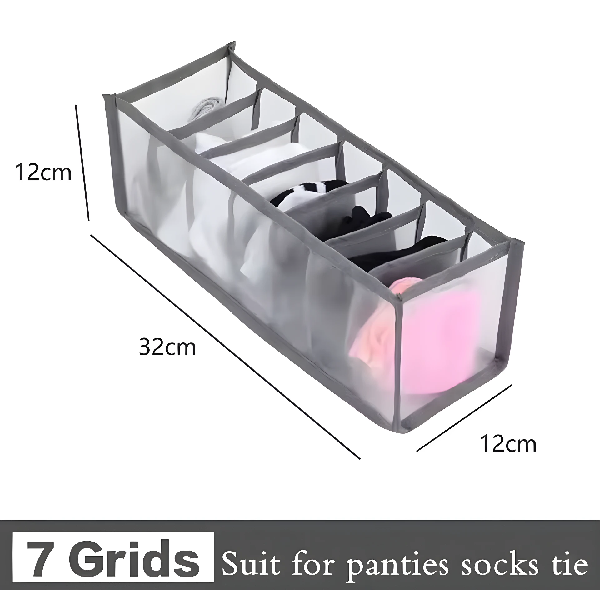 Organizador de 7 rejillas gris, malla translúcida, para guardar ropa interior, medias o corbatas. Mide 32x12x12cm.