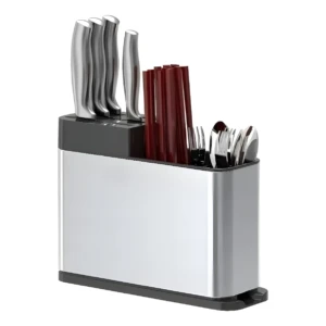 Organizador escurridor plateado para cuchillos y cubiertos.