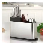 Organizador escurridor de cuchillos y utensilios de cocina en acero inoxidable cepillado con base negra.