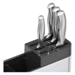 Organizador para cuchillos con diseño moderno en gris y plateado.