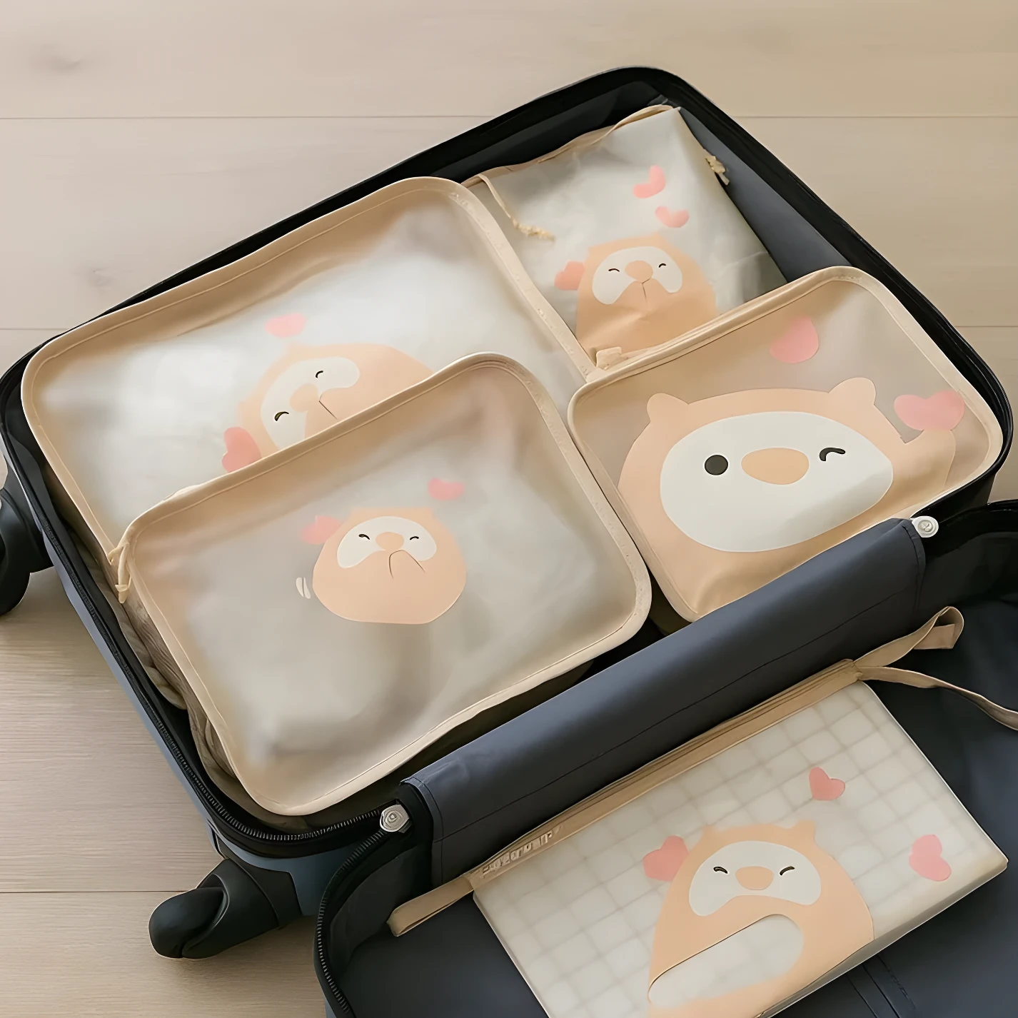 Set de 7 organizadores de viaje para niños con diseño de animalito, ideales para ropa y juguetes en maletas.