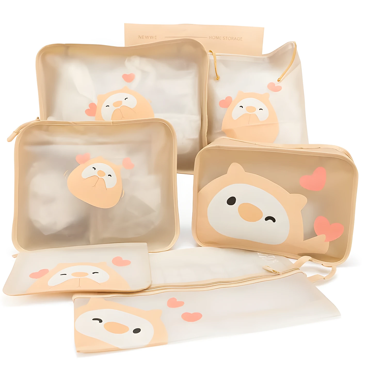 Set de 7 organizadores viajeros transparentes beige con diseño de oso tierno y corazones.