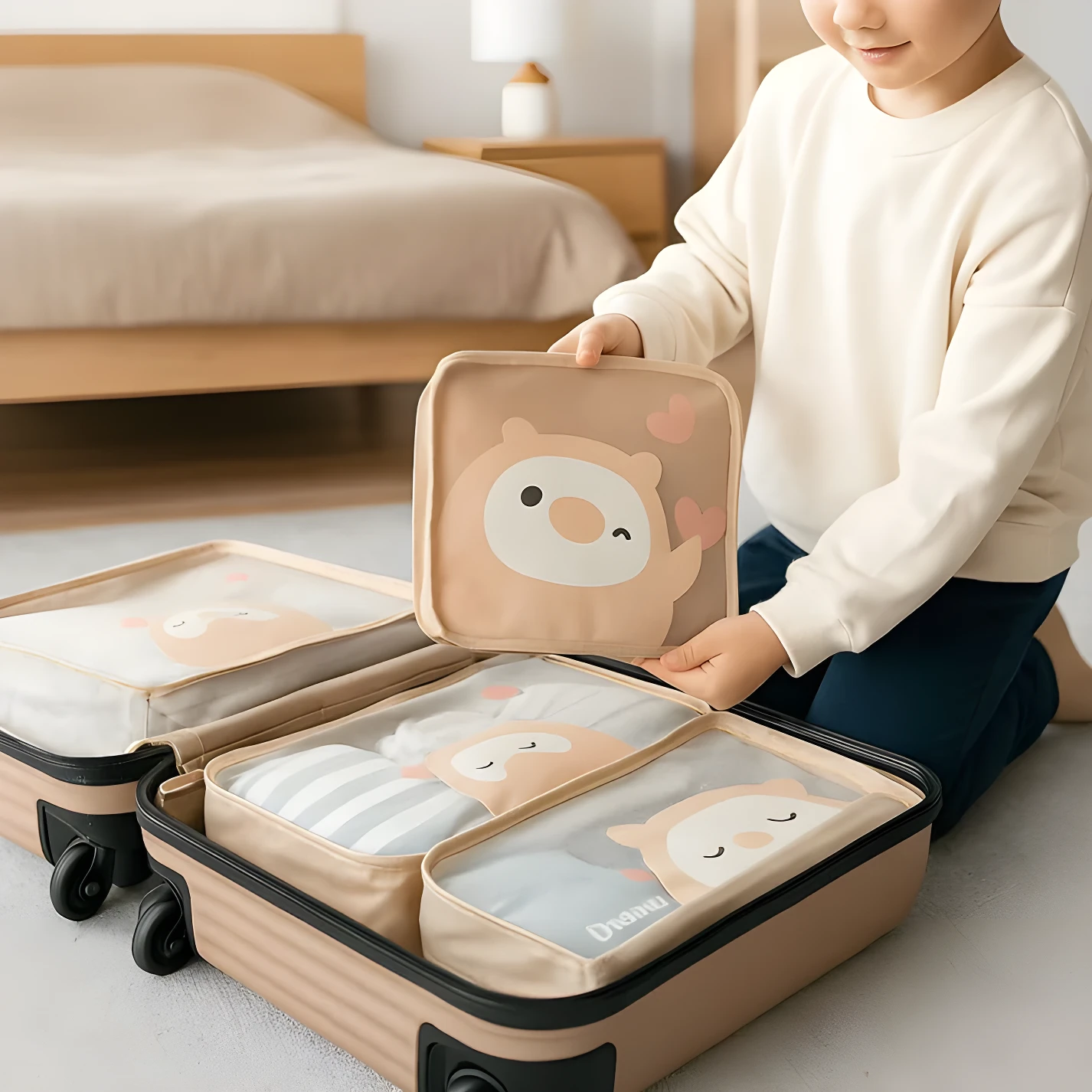 Niño organiza set de 7 cubos de tela beige con diseño de oso, para maleta, ideal para ropa y juguetes.