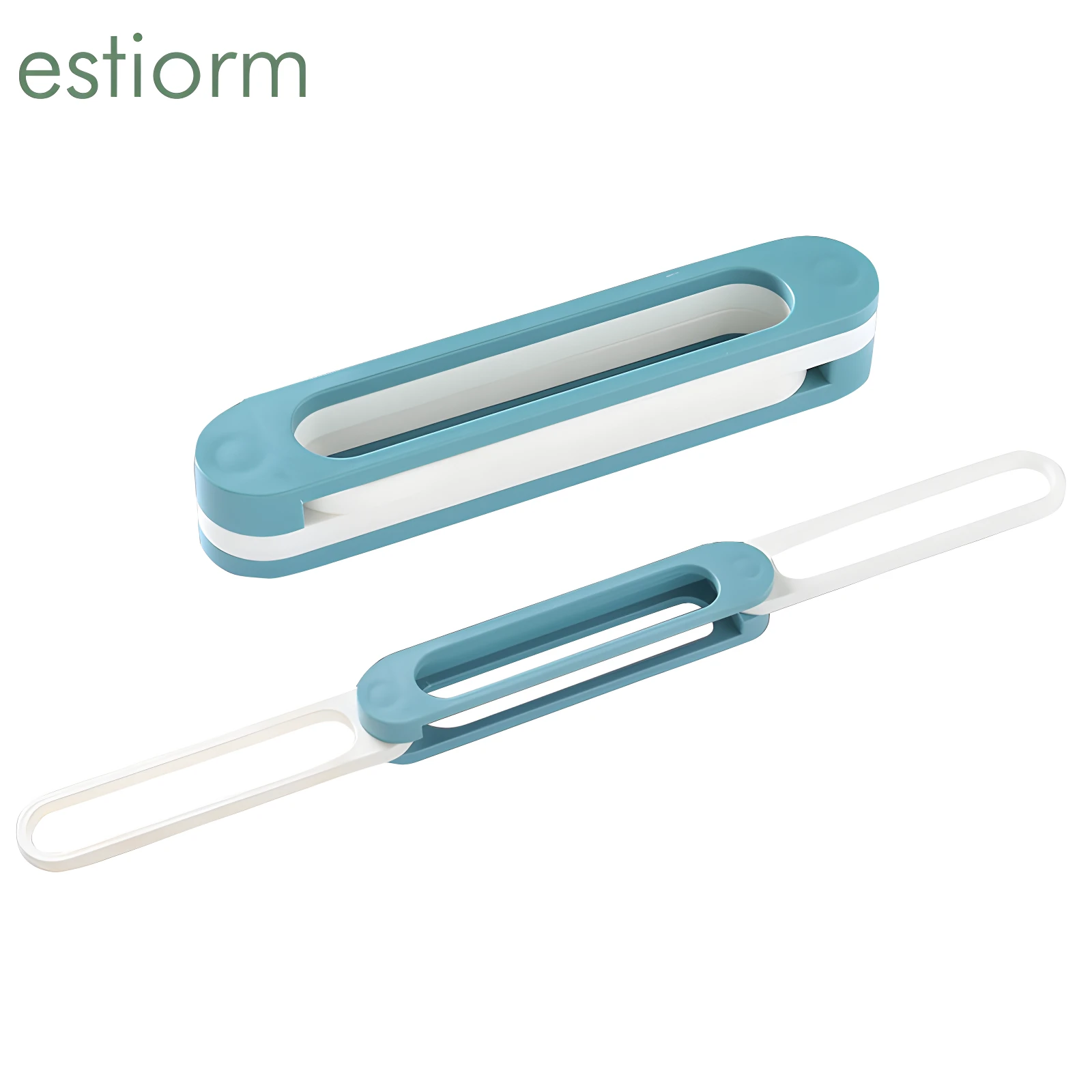 Dos organizadores de zapatos plegables, color azul verdoso y blanco, uno en forma compacta y otro extendido con tiras blancas.