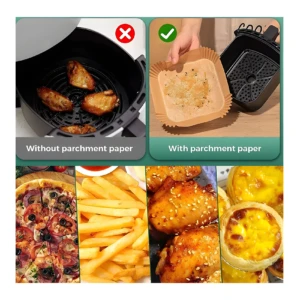 Comparación de uso: canasto de freidora sin aire sucio sin papel y limpio con molde cuadrado de papel pergamino para cocinar pizza, papas y alitas.