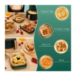 Papel pergamino cuadrado para air fryer lleno de papas, alitas, vegetales y pizza. Muestra usos variados del producto.
