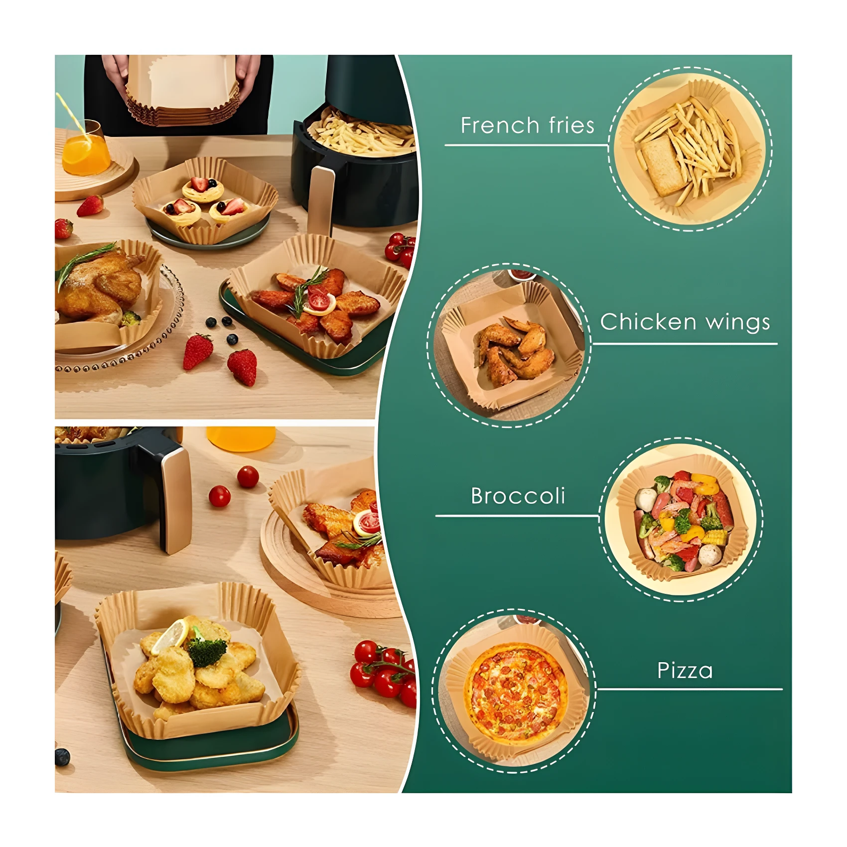 Papel pergamino cuadrado para air fryer lleno de papas, alitas, vegetales y pizza. Muestra usos variados del producto.