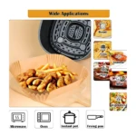 Papel pergamino cuadrado color café para freidora de aire, mostrando nuggets y papas fritas, apto para microondas y horno.