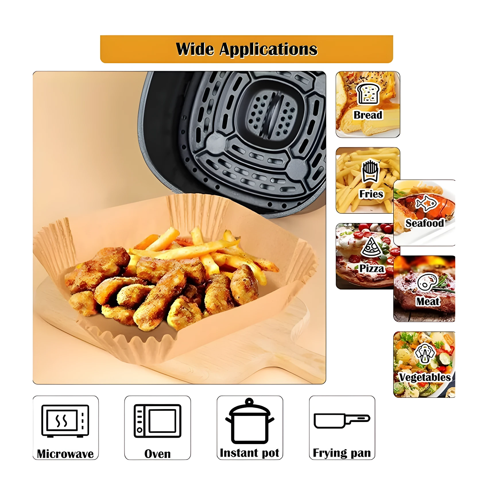 Papel pergamino cuadrado color café para freidora de aire, mostrando nuggets y papas fritas, apto para microondas y horno.