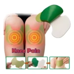 Parches adhesivos verdes para dolor de rodilla, mostrando aplicación y capas despegables.
