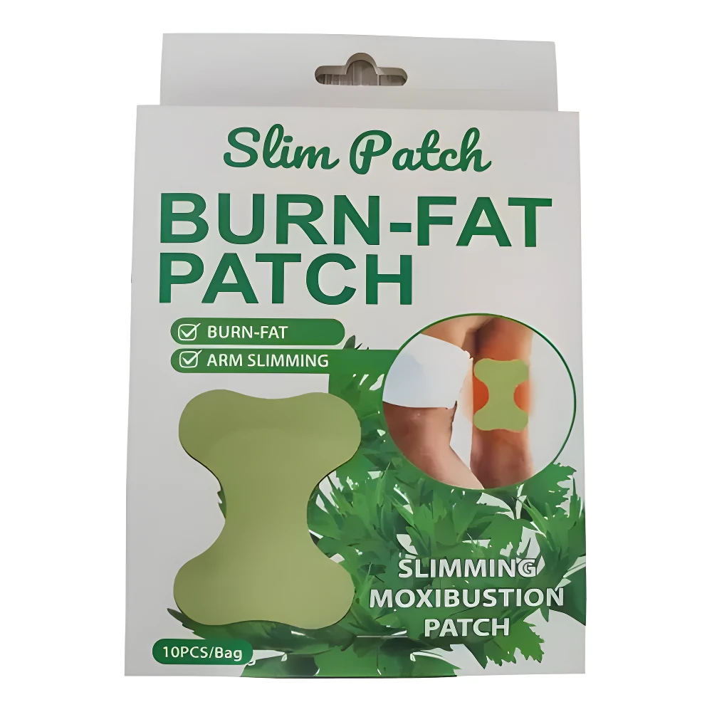 Caja de Slim Patch verde claro, quemagrasa, adelgazante corporal, 10 unidades. Muestra parche aplicado en la pierna.