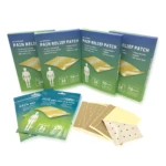 Parches de alivio de dolor infrarrojo en cajas verdes y empaques tipo sobre, mostrando parches de color dorado y beige con orificios.