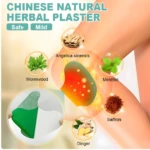 Parche herbal chino para dolor, mostrando ingredientes: ajenjo, Angélica, mentol, azafrán y jengibre, y el reverso verde.
