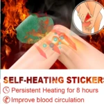 Parches autocalentables verdes sobre una rodilla afectada por dolor, prometiendo 8 horas de calor y mejora circulatoria.
