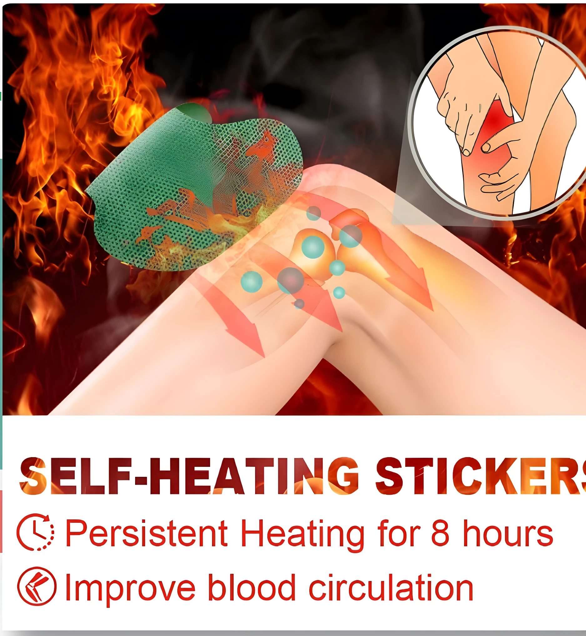 Parches autocalentables verdes sobre una rodilla afectada por dolor, prometiendo 8 horas de calor y mejora circulatoria.