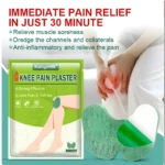 Parche verde KanyehB para dolor de rodilla, sobre empaque de 15 unidades y mujer sosteniendo su rodilla adolorida.