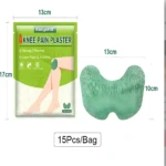 Empaque verde de Parches KanyeHB para dolor de rodilla y artritis (13x17 cm) junto a un parche verde de 10 cm de ancho. 15 unidades por bolsa.