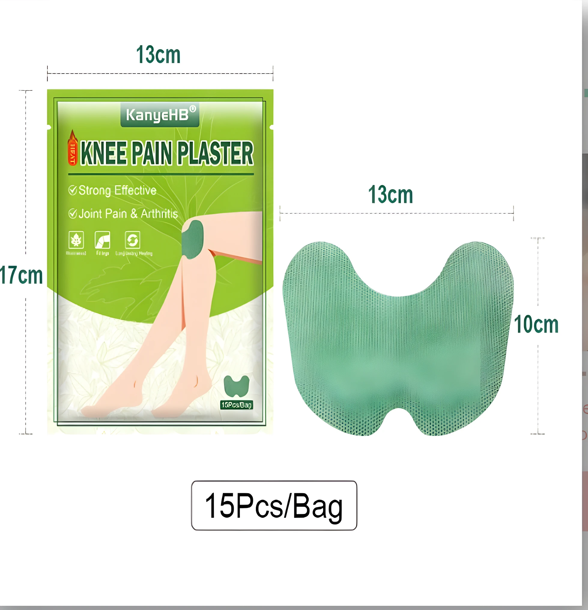 Empaque verde de Parches KanyeHB para dolor de rodilla y artritis (13x17 cm) junto a un parche verde de 10 cm de ancho. 15 unidades por bolsa.