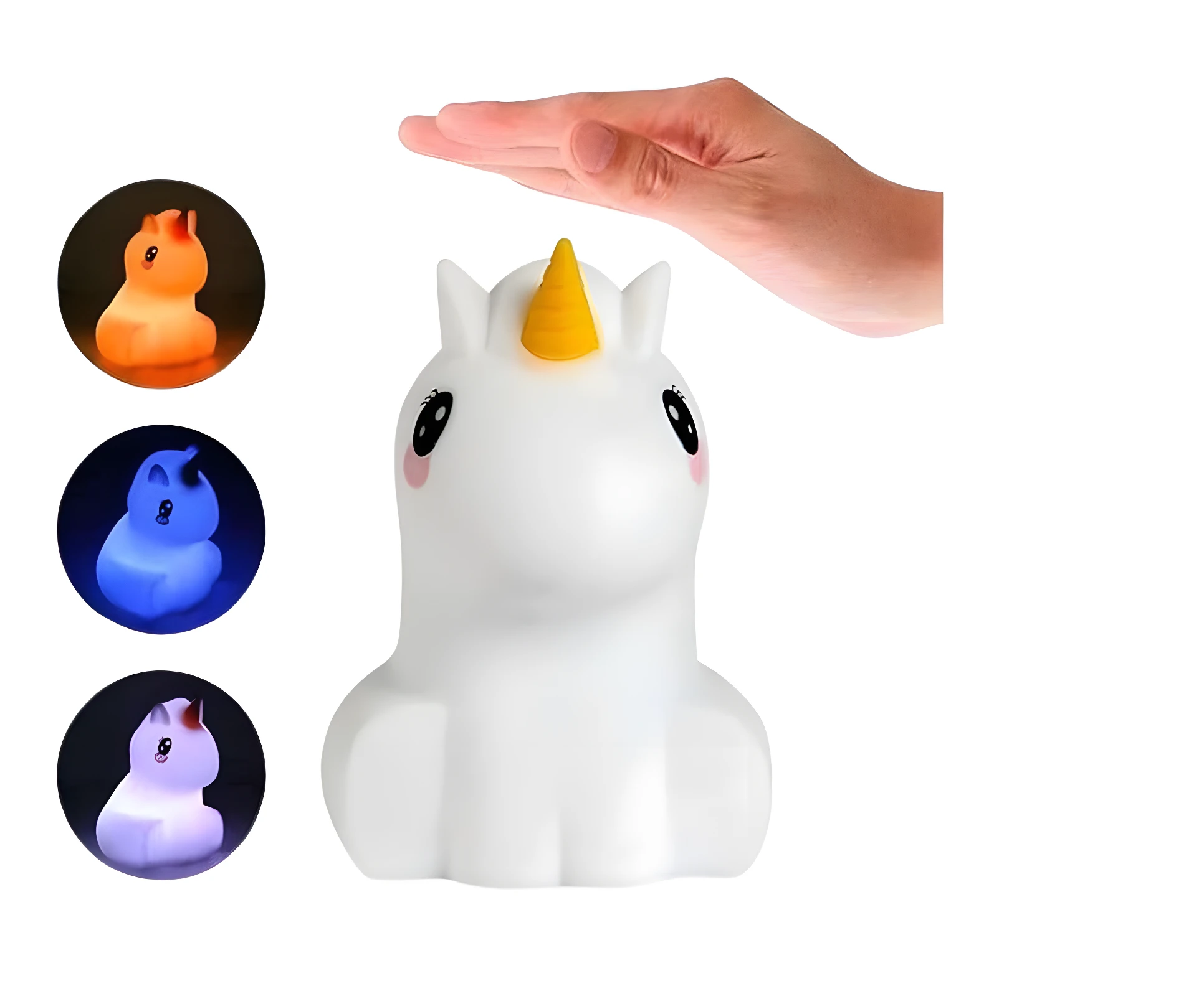 Parlante unicornio de silicona blanca, con cuerno amarillo, tres luces LED de colores: naranja, azul y morado.