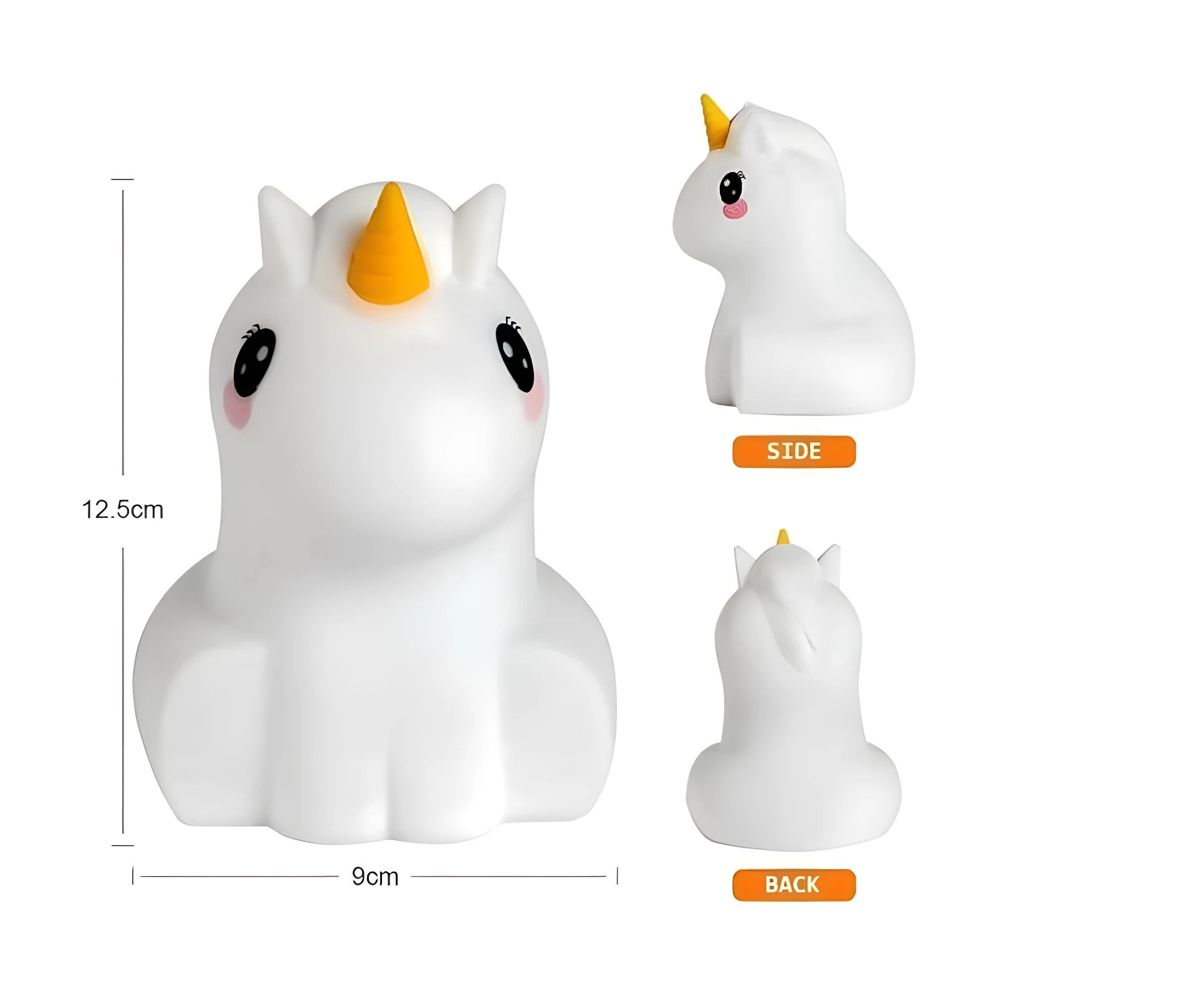 Parlante unicornio blanco de silicona suave con luz LED, 12.5cm alto, para ambiente relajante infantil.