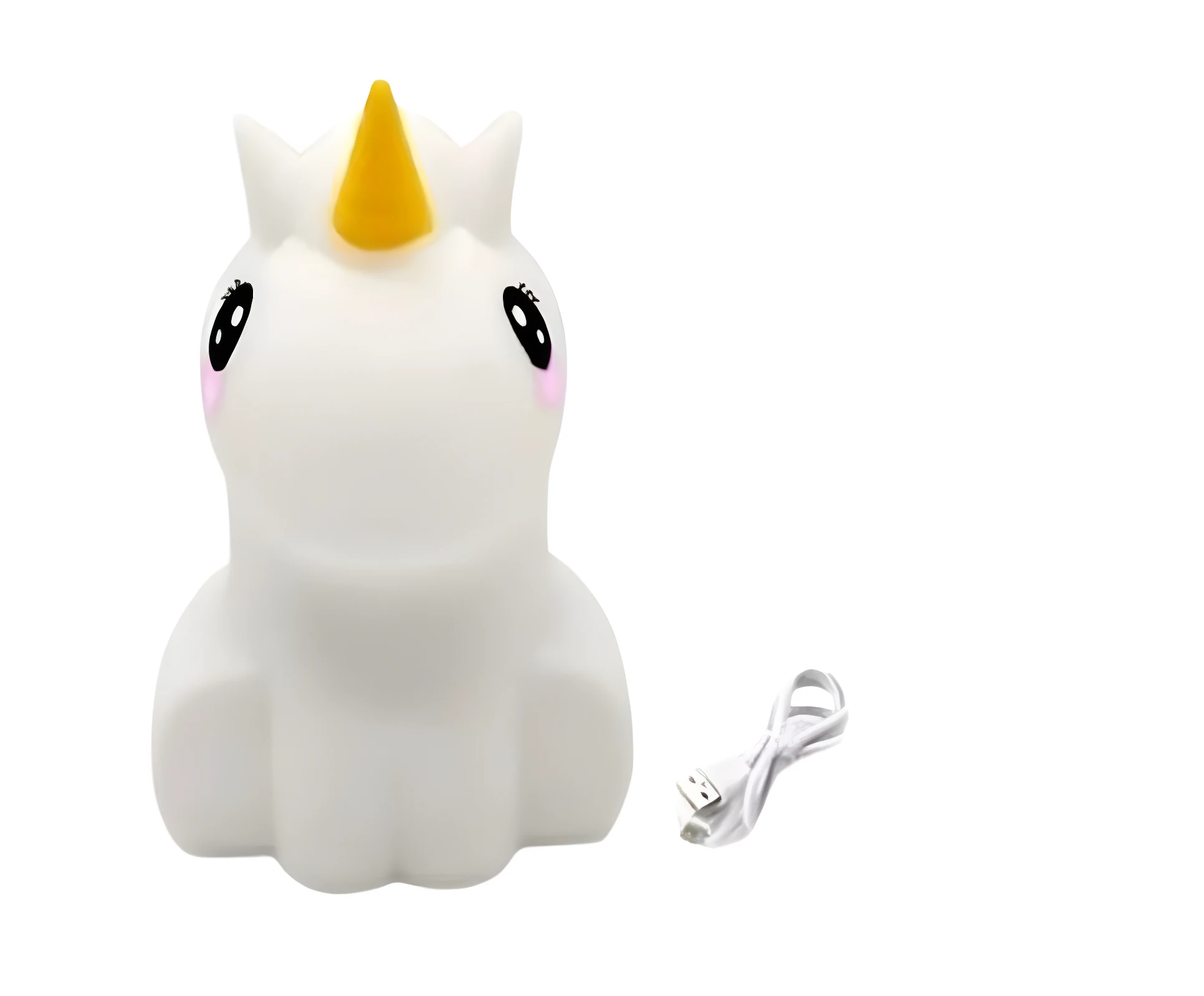 Parlante unicornio blanco suave con luz LED, cuerno amarillo, ojos negros y rosados, cable USB incluido.