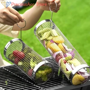 Parrilla cilíndrica de malla para asar vegetales y carnes en barbacoa, ideal para evitar caídas.
