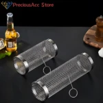 Parrillas cilíndricas de malla metálica para asar, perfectas para evitar que alimentos pequeños caigan al carbón.