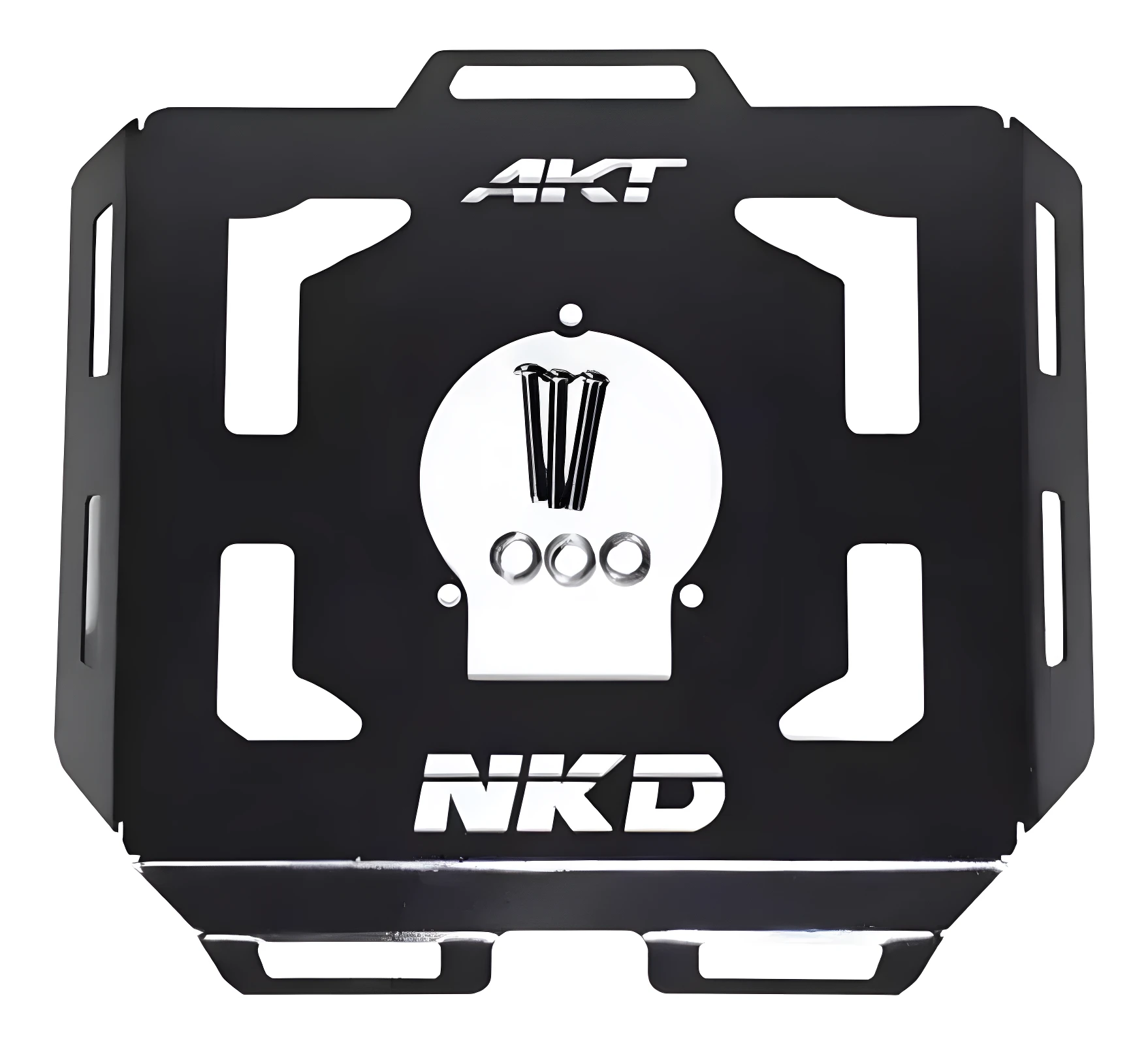 Parrilla de tanque NKD 125 en acero negro, con logo AKT y soporte para equipaje ligero.