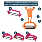 Pelador 8 en 1 intercambiable (dentado, recto, juliana) en mango rosa y naranja. Muestra cuchillas sueltas 1, 2, 3.
