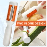 Pelador de verduras 2 en 1 con cuchilla y cepillo, ideal para papas y pepinos.