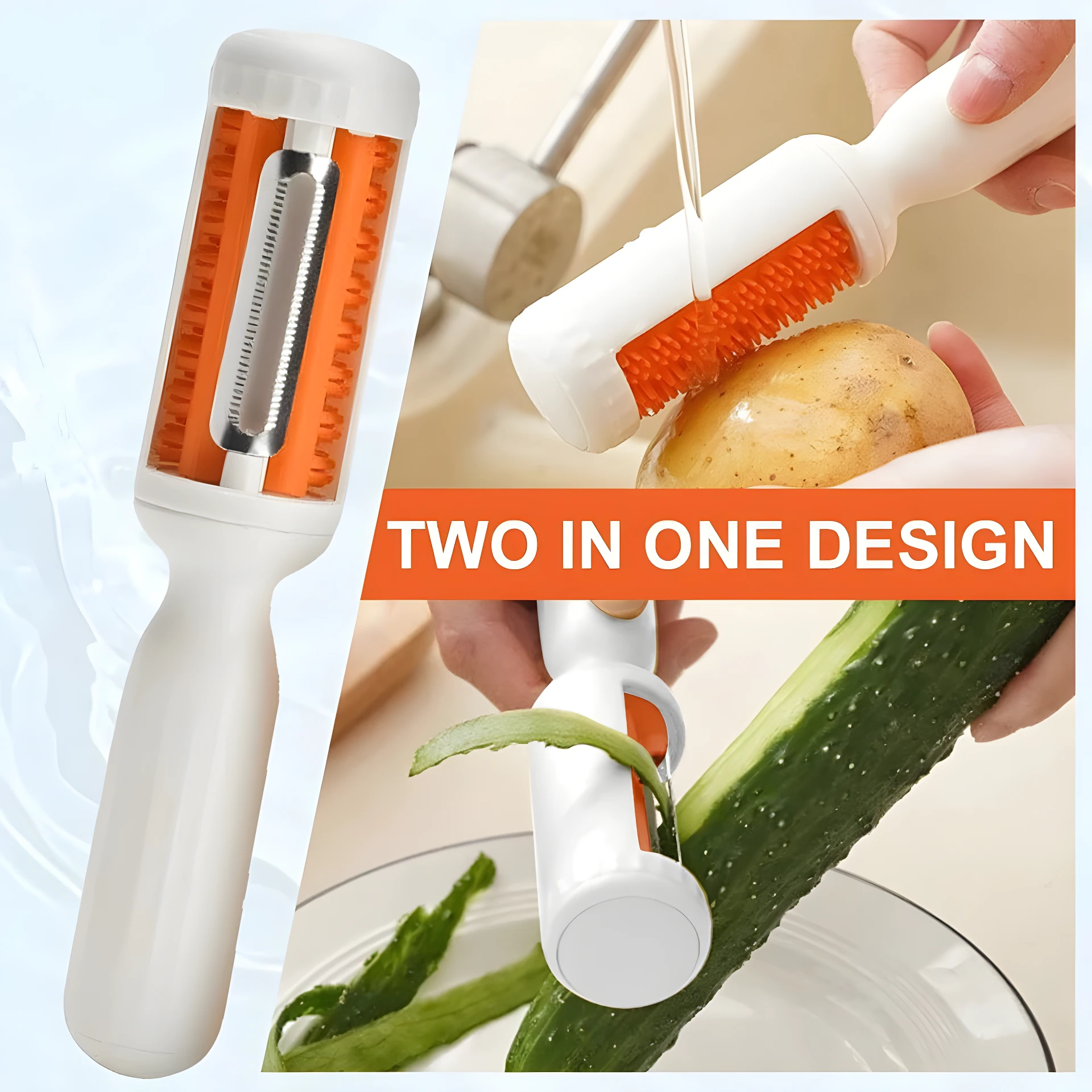 Pelador de verduras 2 en 1 con cuchilla y cepillo, ideal para papas y pepinos.