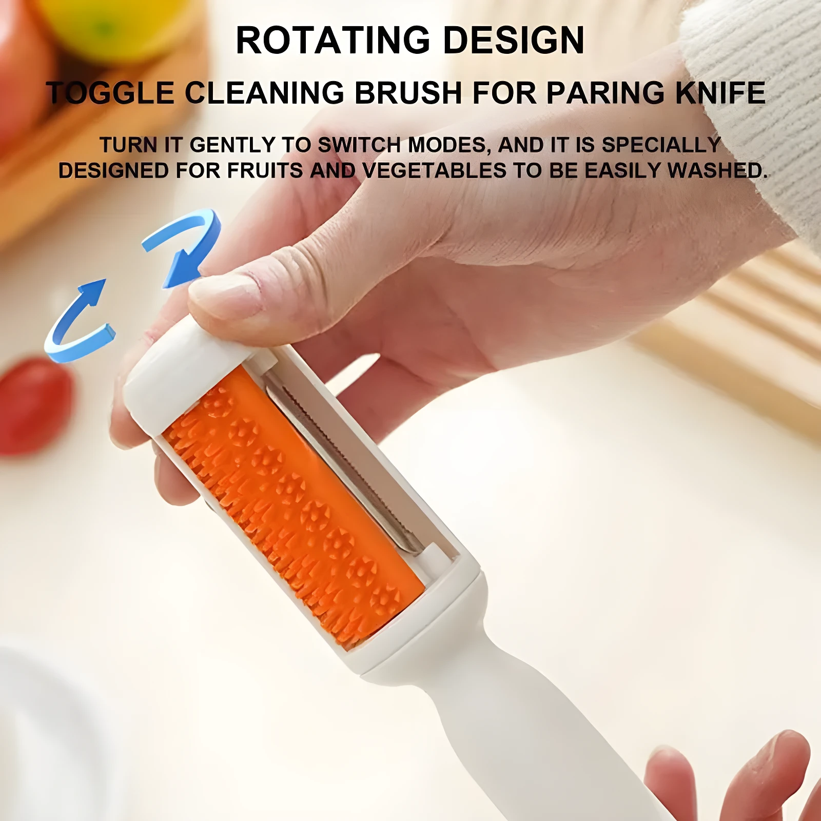 Pelador de verduras 2 en 1 blanco con rodillo naranja texturizado y cuchilla giratoria.