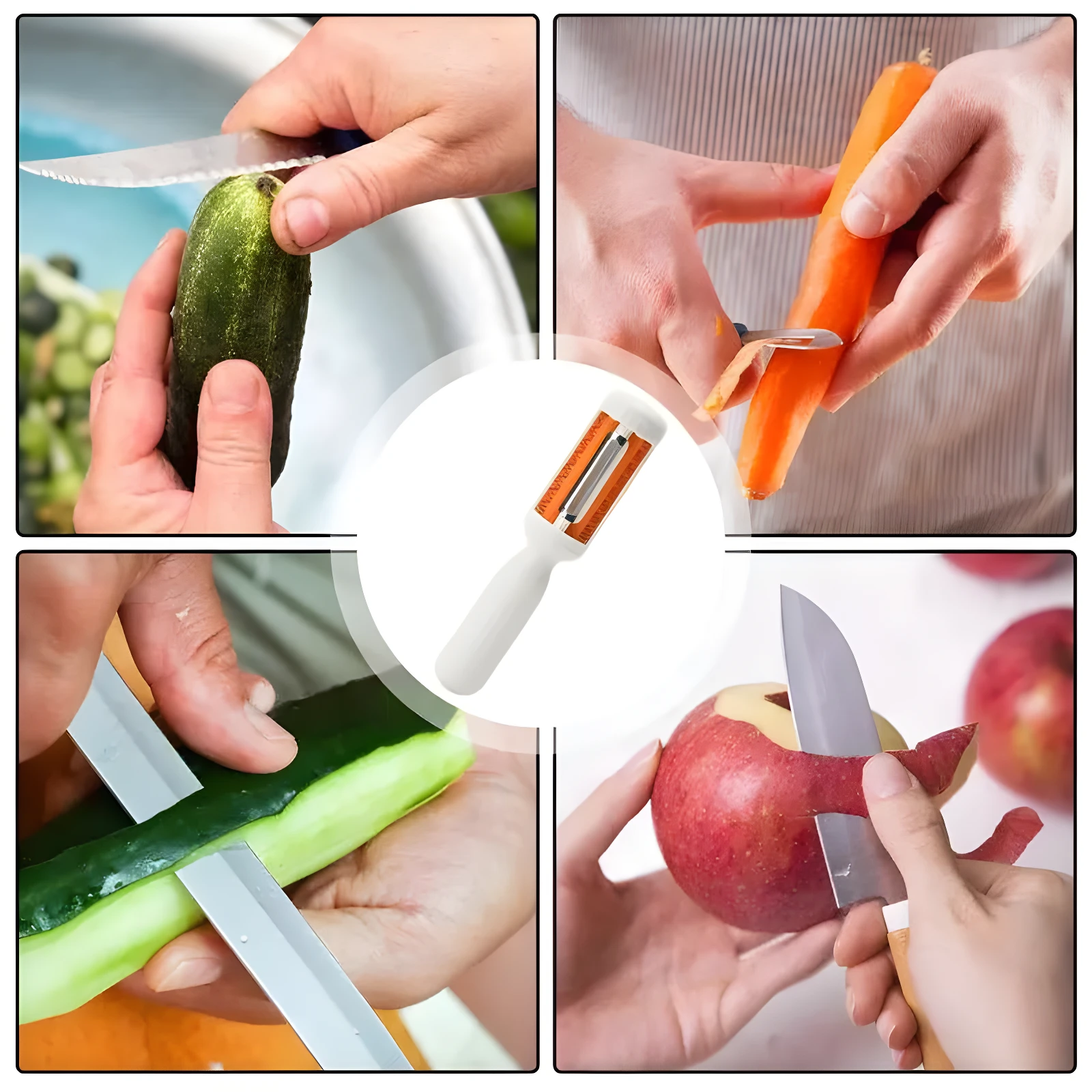 Pelador de verduras 2 en 1 en uso, pelando pepino y zanahoria.