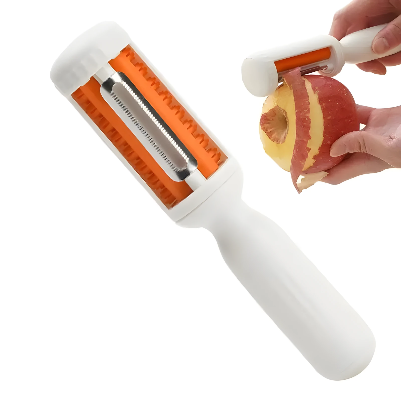 Pelador de verduras blanco y naranja 2 en 1. Detalle de cuchilla. Manos pelando manzana.