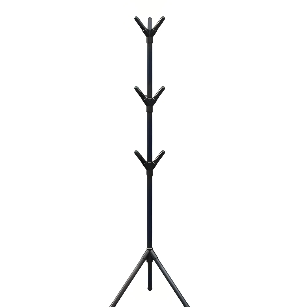 Perchero de pie metálico negro con 3 niveles de ganchos en forma de Y.