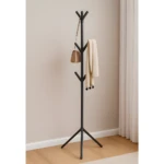 Perchero de pie negro con forma de árbol. Cuelga bolso y bufanda. Base de trípode. 160 cm.