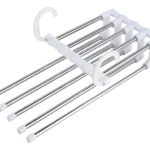 Perchero organizador de pantalones 5 en 1 con barras cromadas y ganchos blancos, ideal para maximizar espacio en el clóset.
