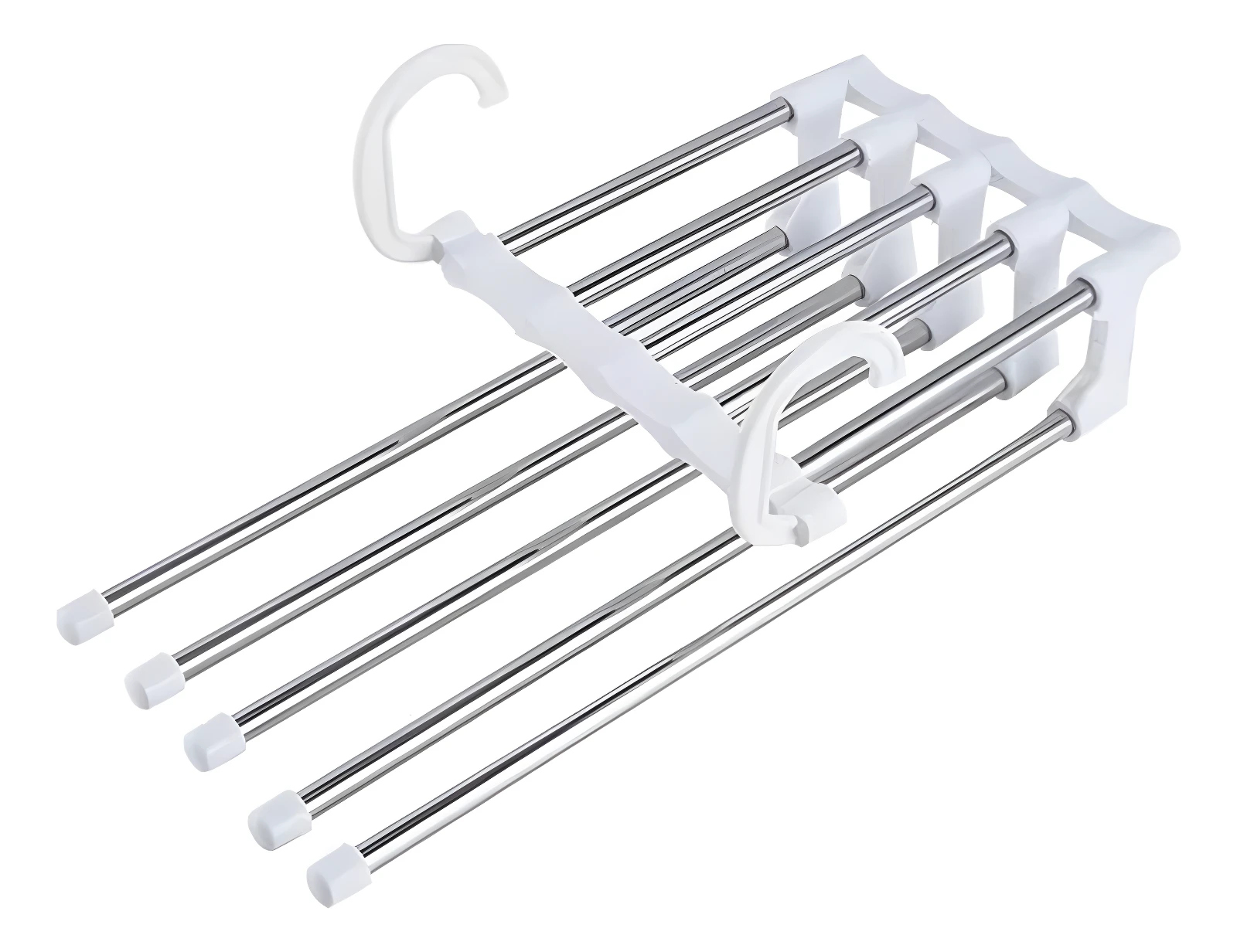 Perchero organizador de pantalones 5 en 1 con barras cromadas y ganchos blancos, ideal para maximizar espacio en el clóset.