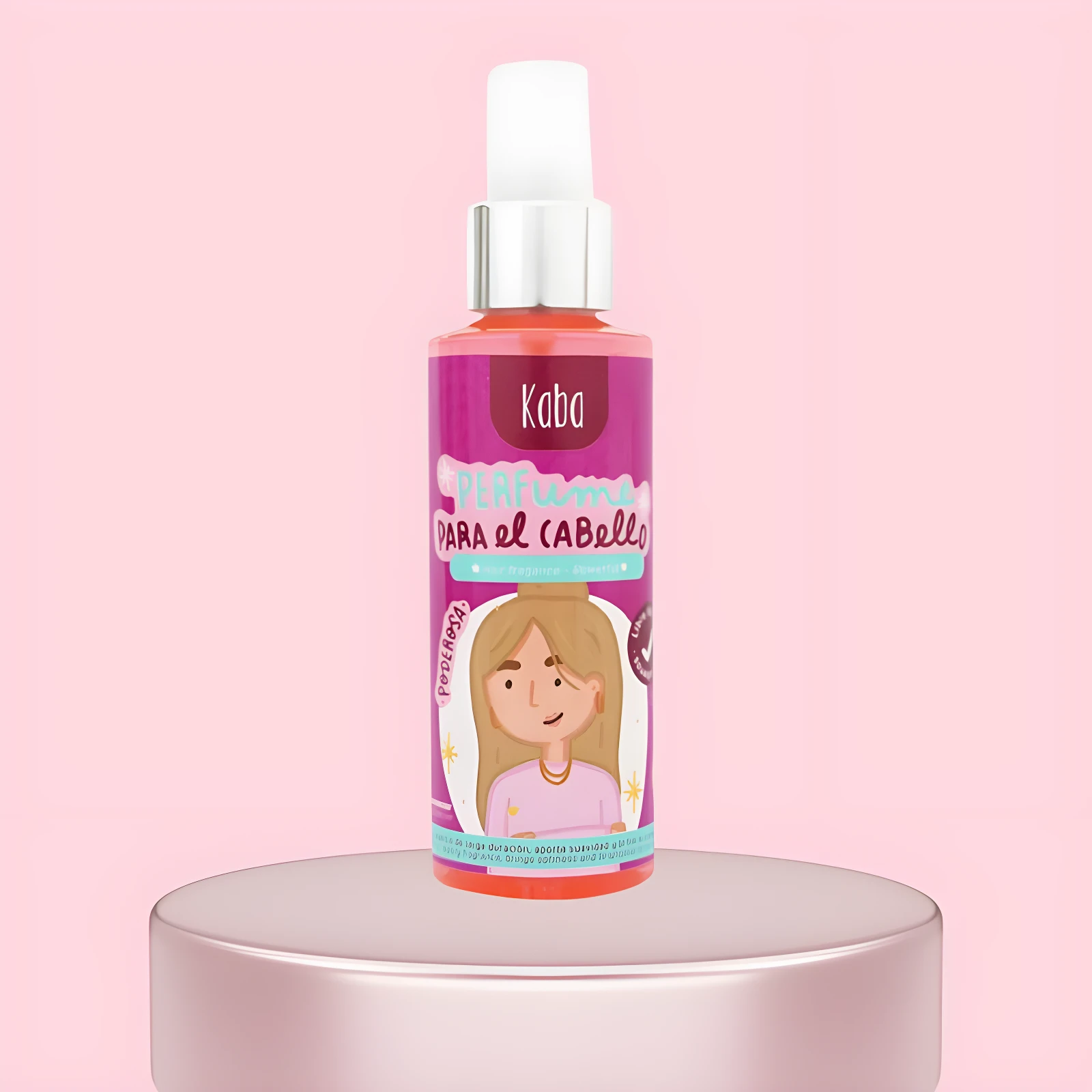 Perfume capilar Kaba en botella rosa con de chica, aroma intenso y duradero.