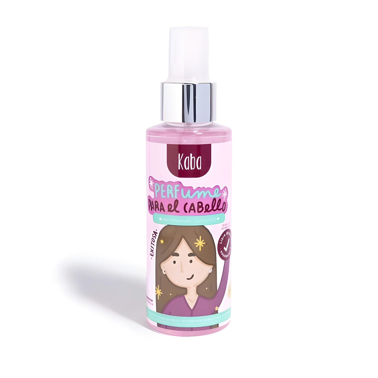 Perfume Kaba para cabello rosado en botella con atomizador, etiqueta ilustrada de chica con brillo, 100ml.
