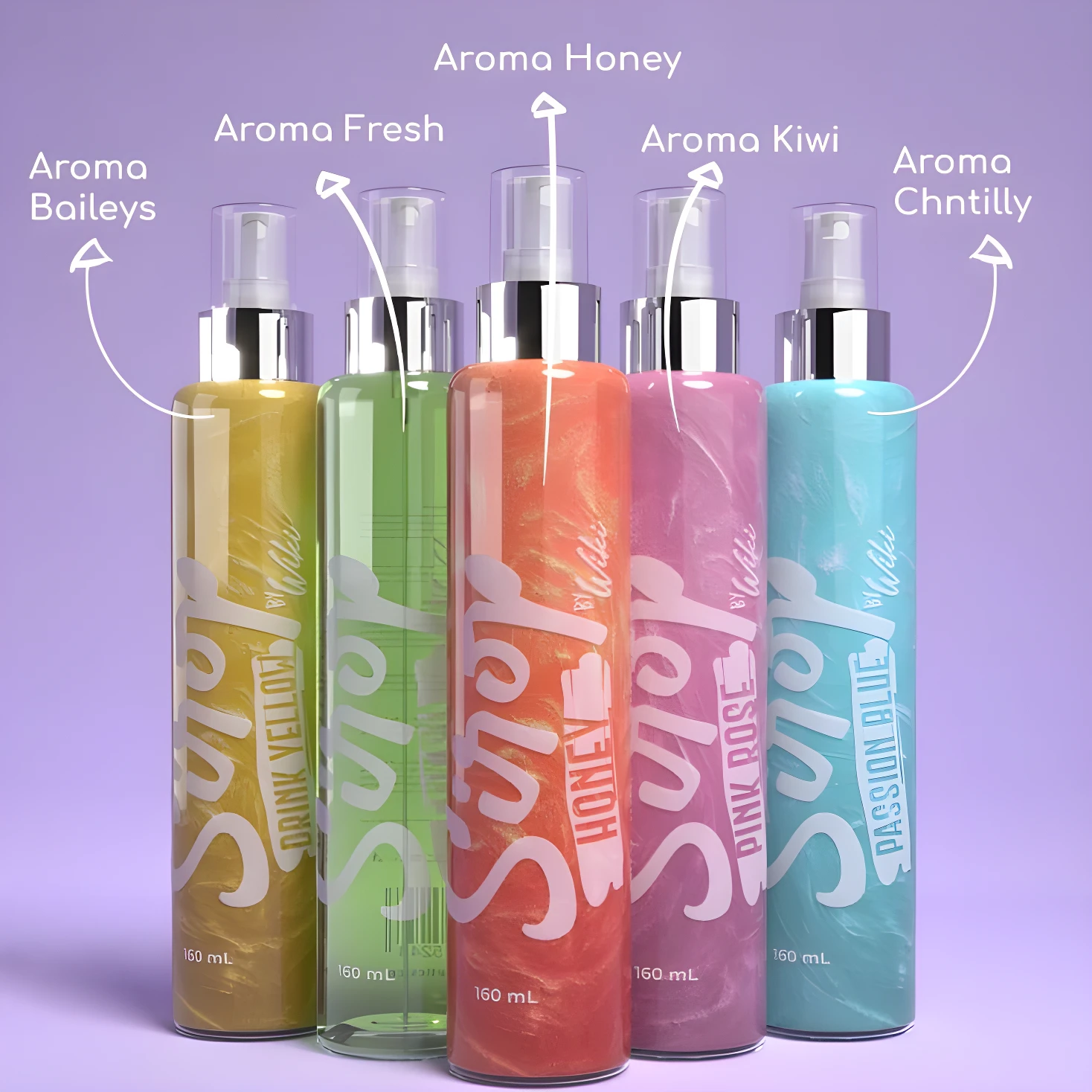 Perfume capilar Syam en 5 aromas: Baileys, Fresh, Honey, Kiwi y Chantilly. Frascos de 160 ml.