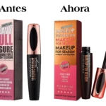 Pestañina coreana Makeup For Season, envase rosa y negro, cepillo negro plumado.