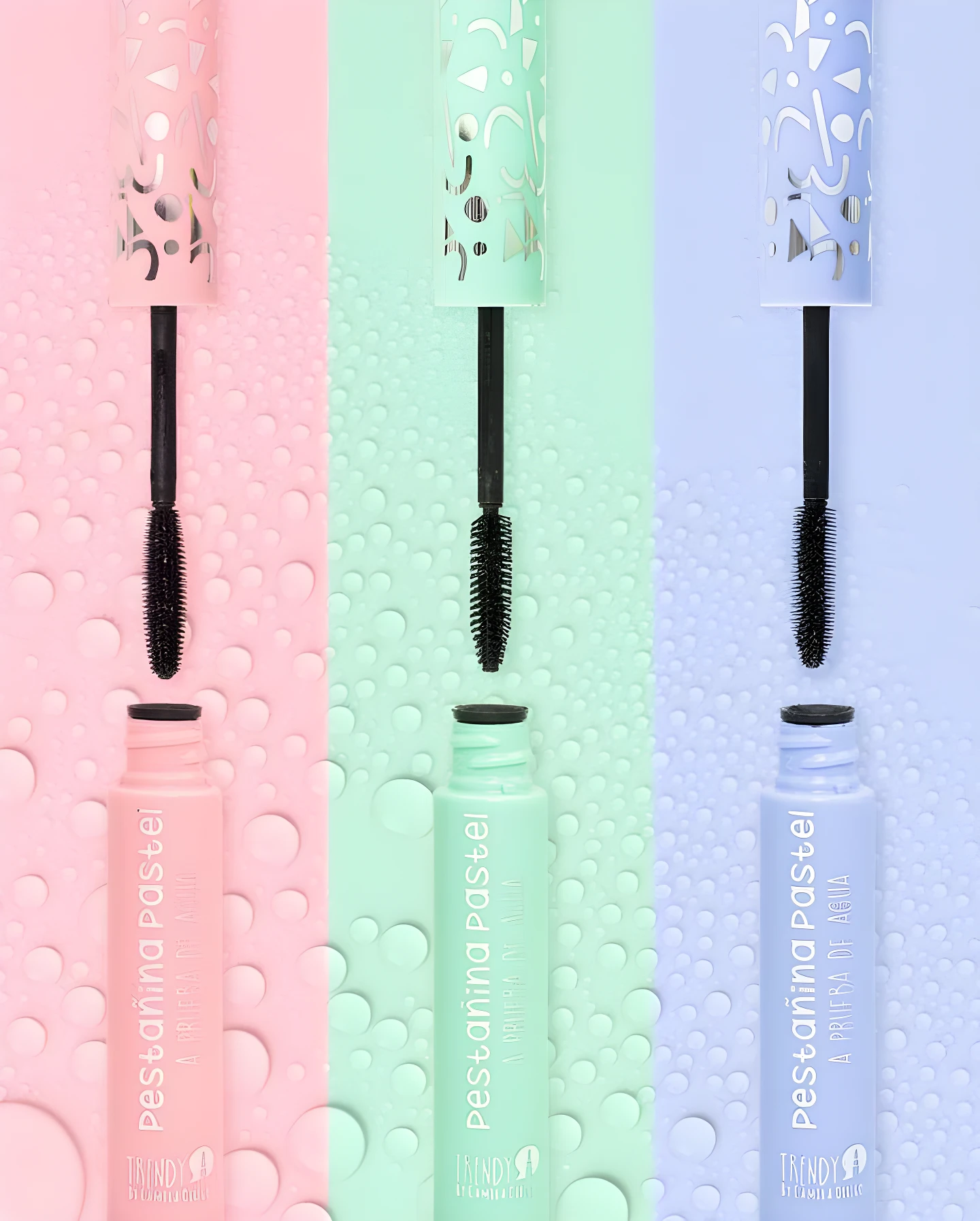 Pestañinas pastel a prueba de agua Trendy, una rosada, una menta y una lila, con envase y aplicador negro.