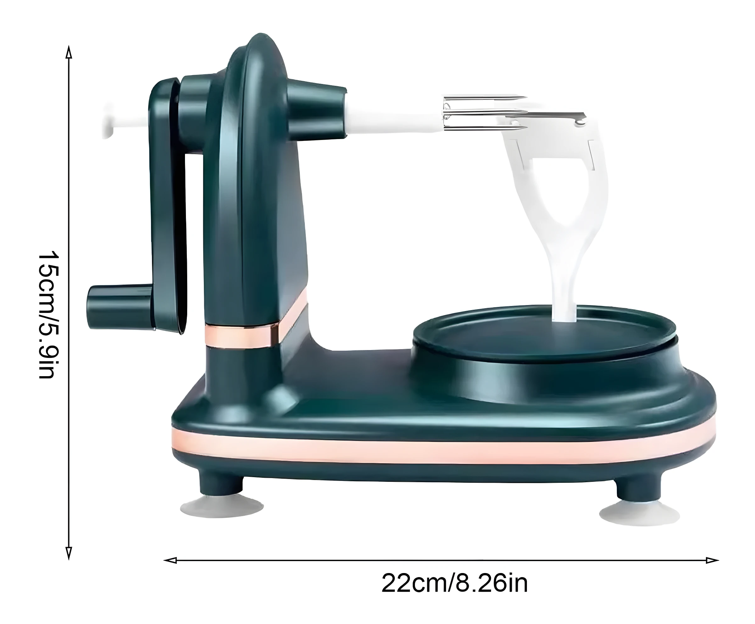 Picador de frutas y verduras manual verde con manivela y pelador integrado, mide 22cm de ancho.
