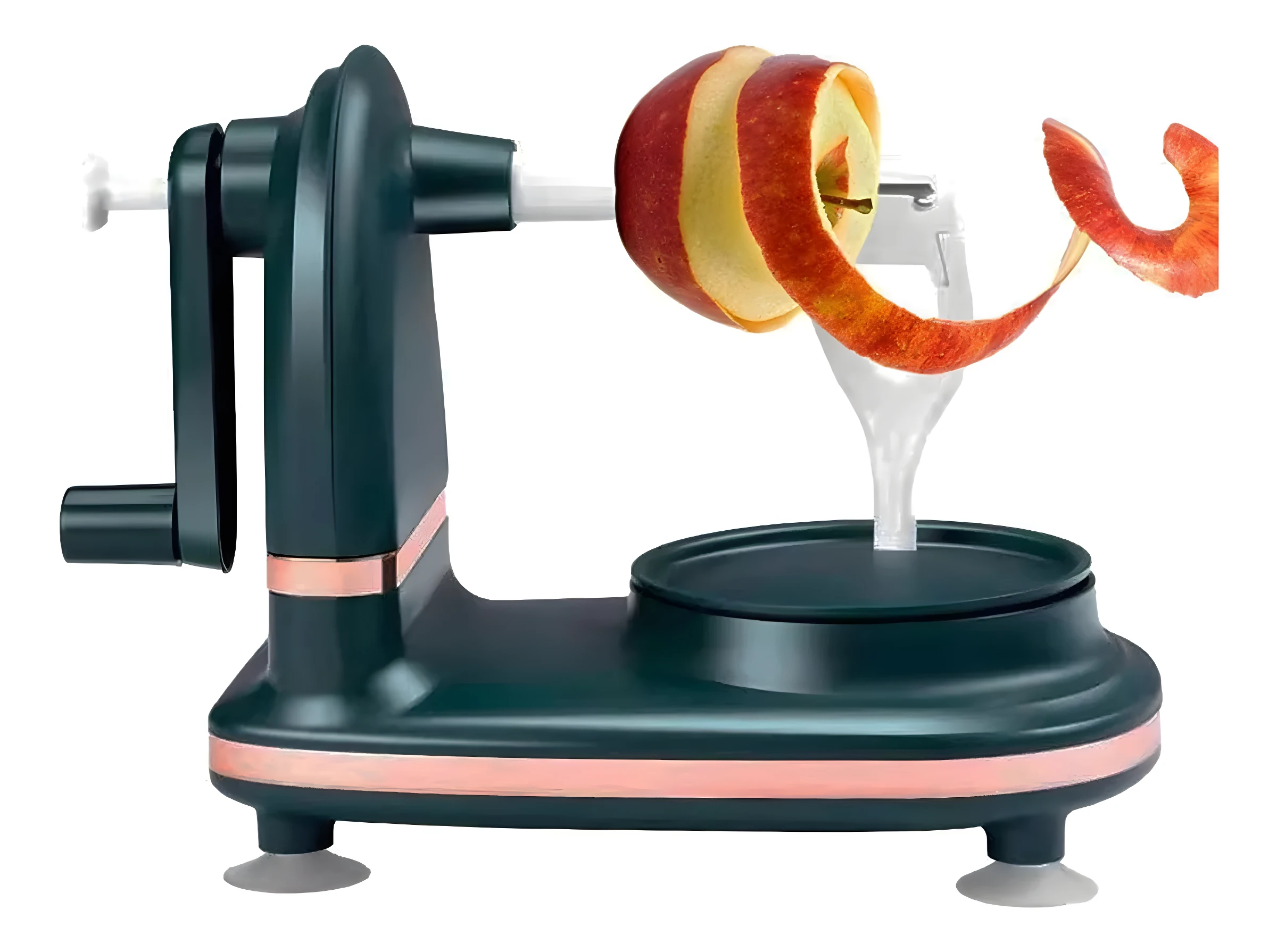 Picador de manzana manual verde con pelador en espiral y base redonda.
