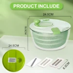 Picador y centrifugador giratorio verde para verduras 5 en 1. Incluye varios cortadores intercambiables.