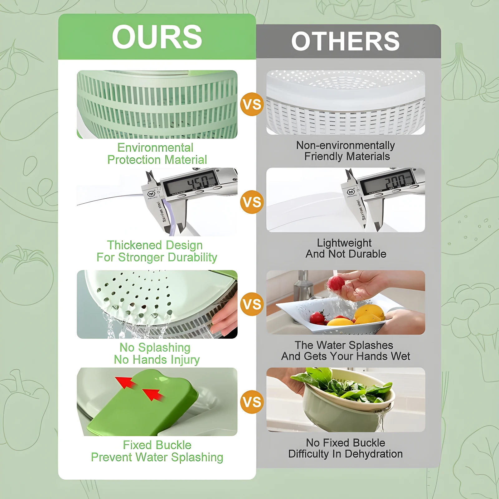 Picador y centrifugador giratorio de verduras, verde, material ecológico, diseño grueso, sin salpicaduras.