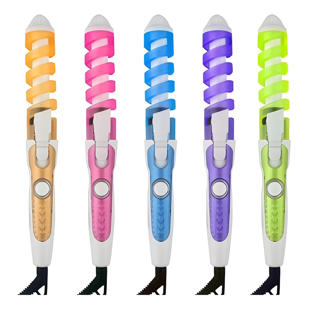 Cinco pinzas rizadoras de cabello con espiral en colores naranja, rosa, azul, morado y verde lima, sobre fondo blanco.