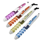 Cuatro pinzas rizadoras en espiral Nova: morado, naranja, amarillo verdoso y azul, mostrando sus cuerpos translúcidos y puntas blancas.