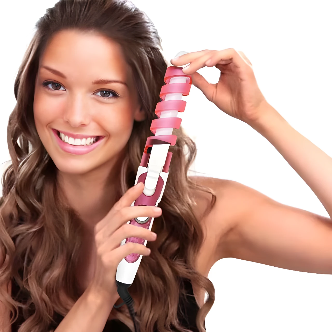 Rizador automático Nova blanco y rosa con espiral moldeadora, mujer sonriente creando ondas en su cabello castaño.